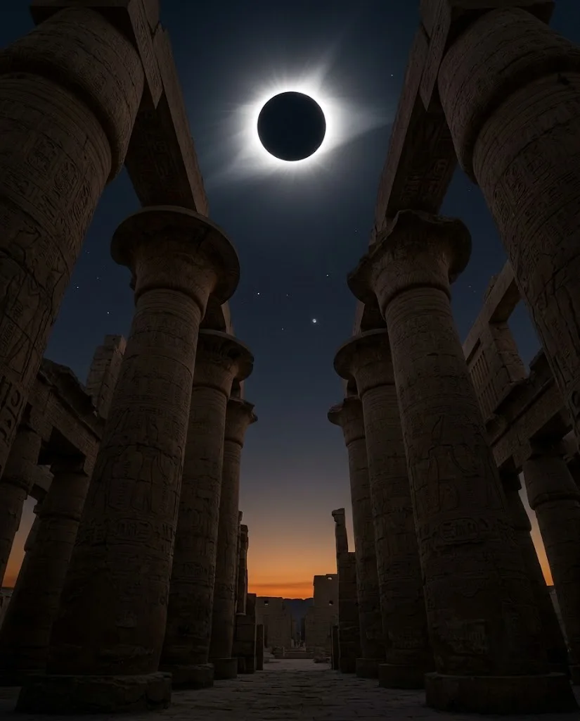 The hypostyle columns of Karnak in silhouette beneath the sun’s corona at totality